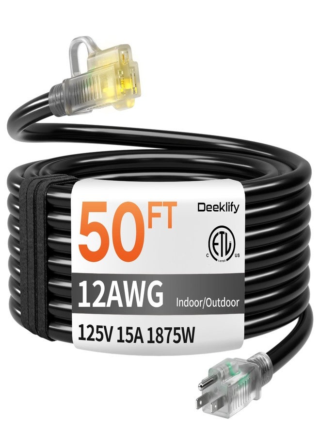 Deeklify 12/3 50 FT Heavy Duty Outdoor Extension Cord Waterproof with Lighted End,Black 12 Gauge Extension Cord Flexible and Cold Resistant 3 Prong Grounded Plug,15Amp 1875W SJTW ETL Listed - Image 1