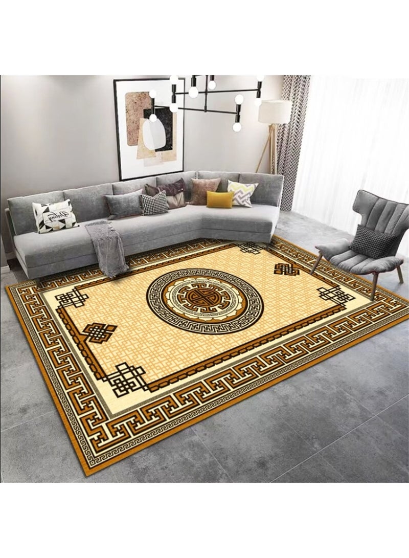Washable Carpet, Modern Non-Slip Area Rugs with Print Boho, Home Decor Thin Vintage Floor Carpet Indoor Mat Floral Print Rugs for Living Room Bedroom Dining Room Office (Gold 150*200cm) - Image 1