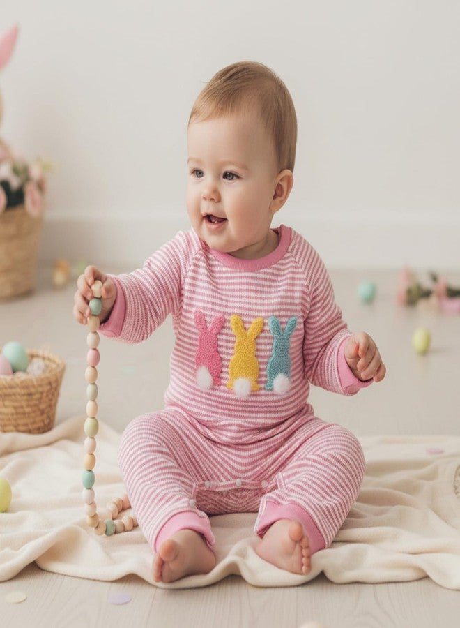 Muspeczenith My First Easter Baby Girl Outfit Newborn Bunny Long Sleeve Romper Jumpsuit Infant Girl Spring Clothes (Bunny Pink, 0-3 Months) - Image 2