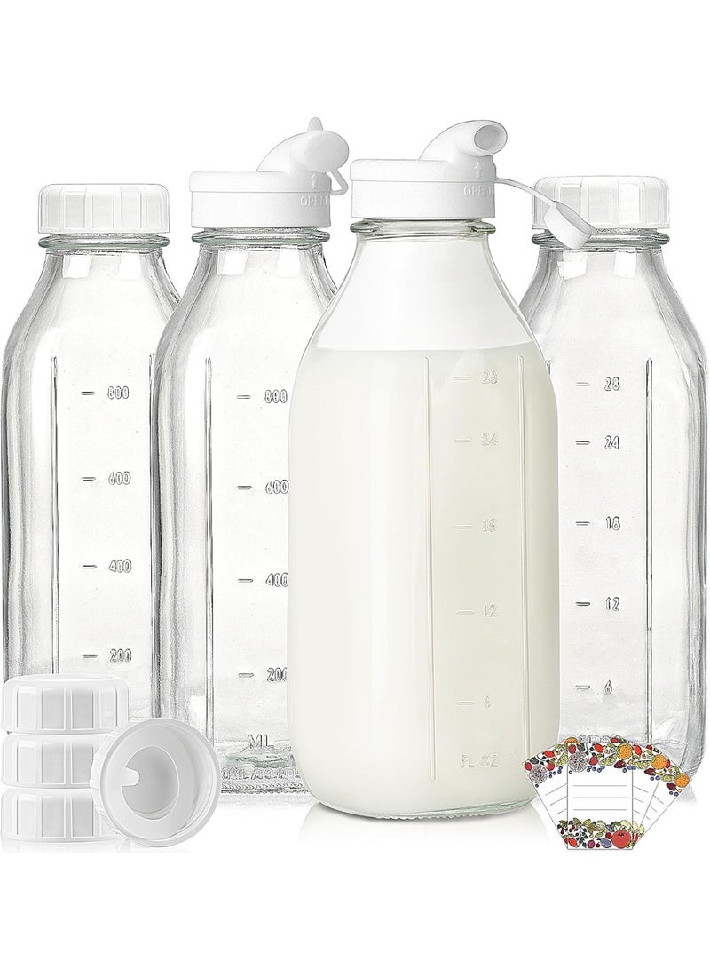 Soofam Liter Glass Milk Bottles w Pour Spout, 100% Airtight Heavy Duty Screw Lid - 4 Pack 32 Oz Drinking Jars w Lids - Glass Bottles for Milk, Honey - Image 1