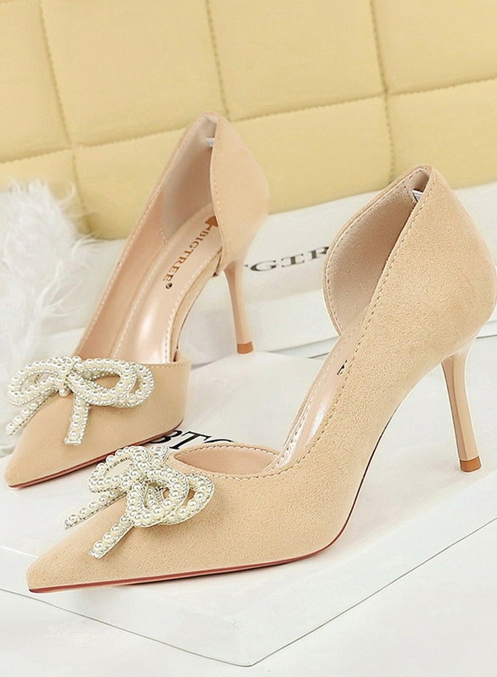 BIGTREE Women's Closed Pointed Toe Stiletto Pump Rhinestone Bowknot Decoration High Heels Apricot 8.5CM - Image 1