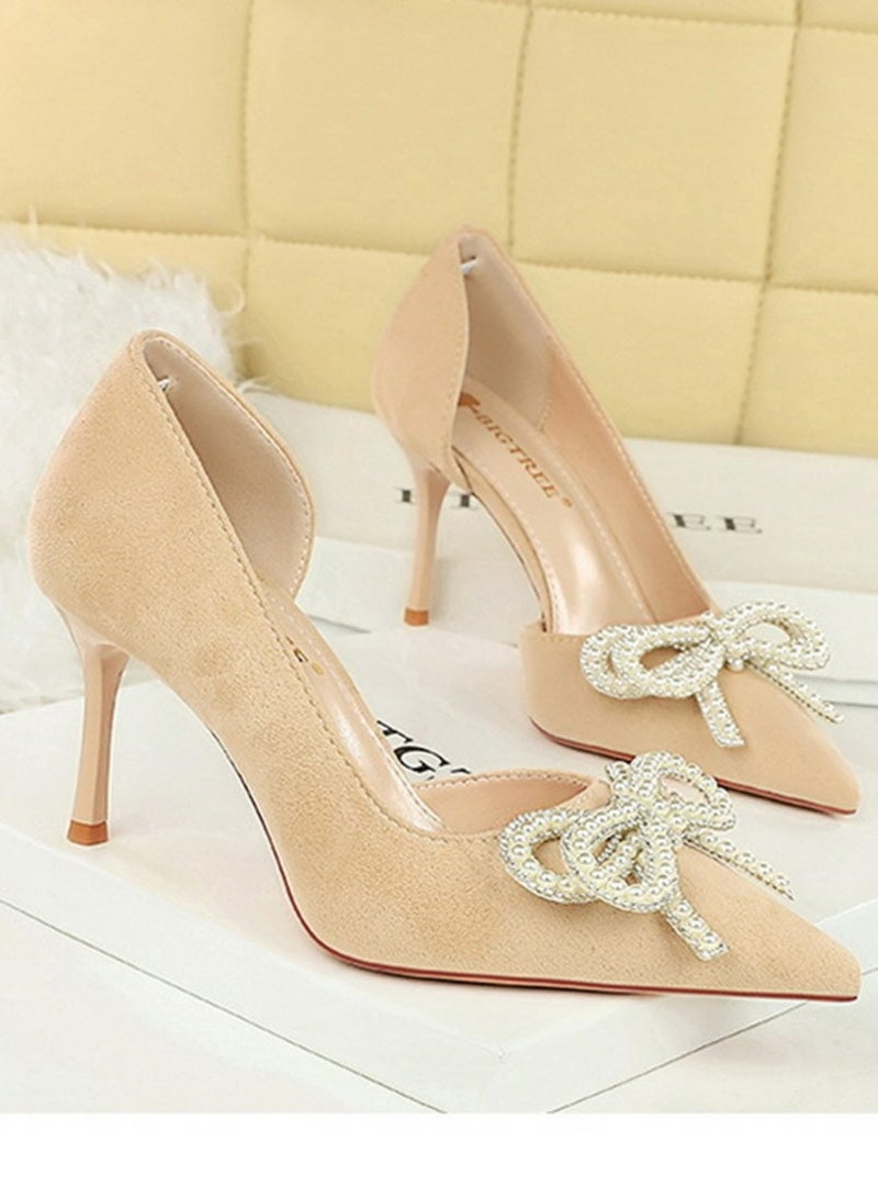 BIGTREE Women's Closed Pointed Toe Stiletto Pump Rhinestone Bowknot Decoration High Heels Apricot 8.5CM - Image 2