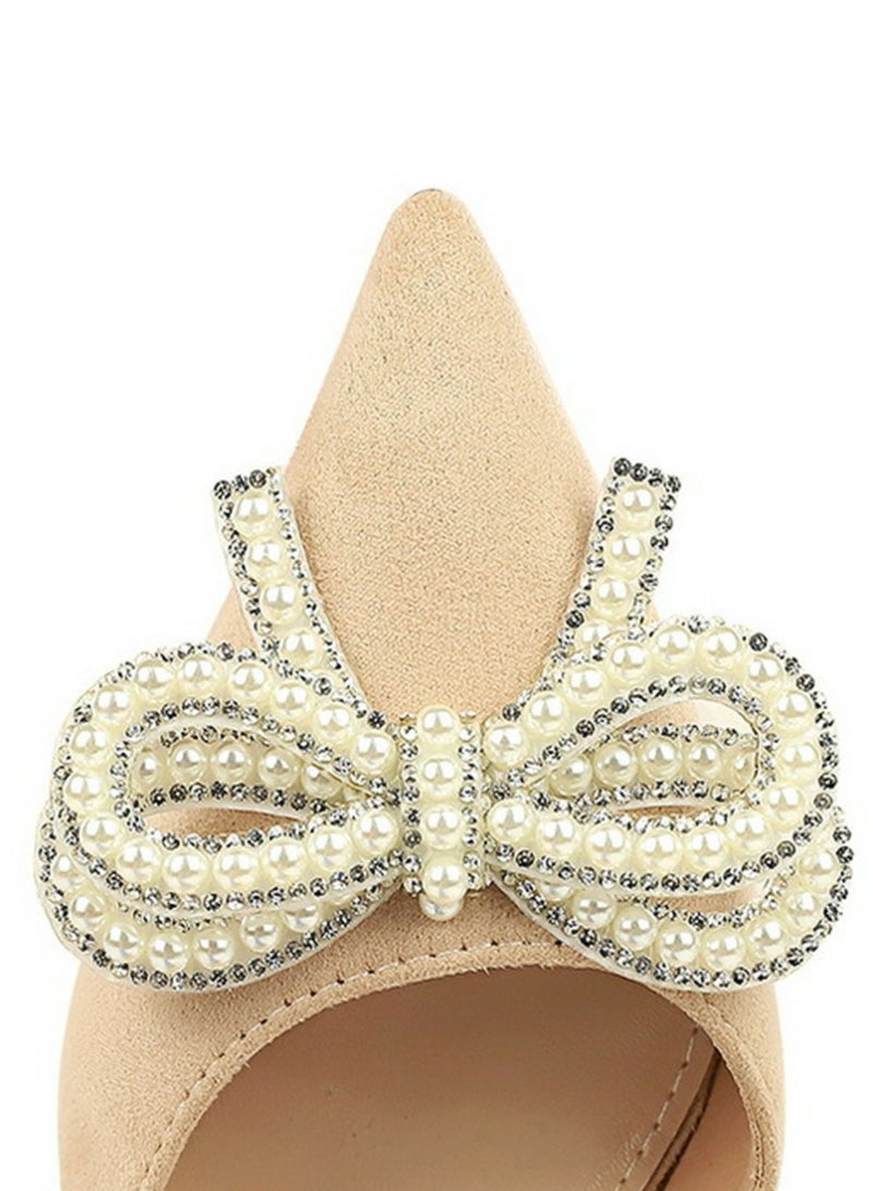 BIGTREE Women's Closed Pointed Toe Stiletto Pump Rhinestone Bowknot Decoration High Heels Apricot 8.5CM - Image 3