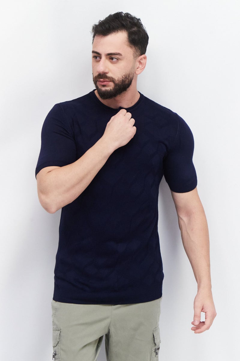 Tailored Recreation Men Round Neck Short Sleeve Knitted T-Shirt, Navy - Image 1