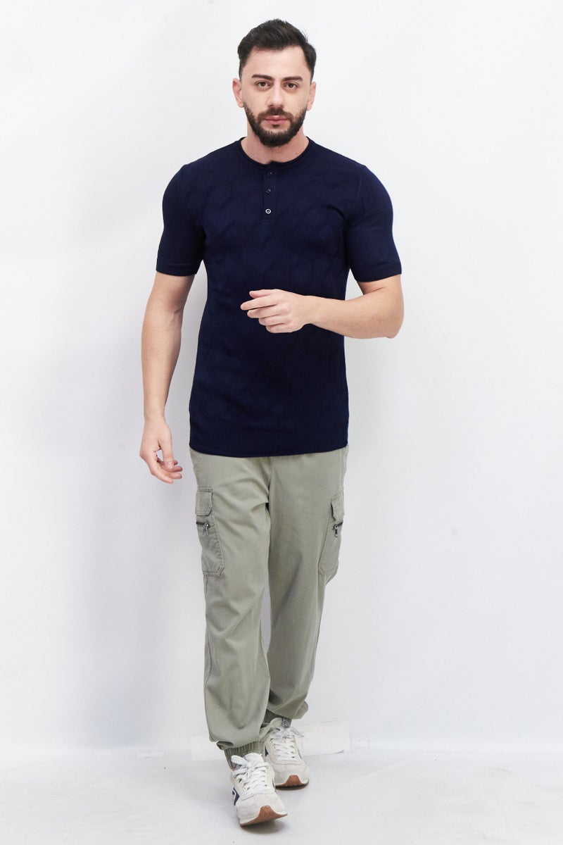 Tailored Recreation Men Round Neck Short Sleeve Knitted T-Shirt, Navy - Image 3