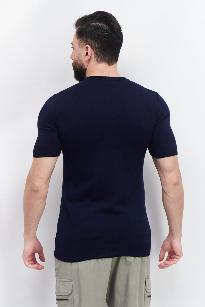 Tailored Recreation Men Round Neck Short Sleeve Knitted T-Shirt, Navy - Image 4