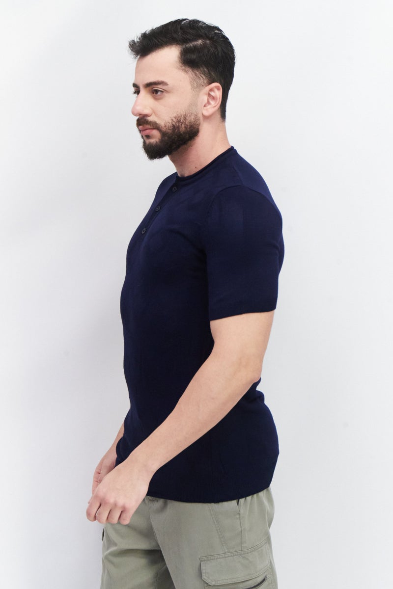 Tailored Recreation Men Round Neck Short Sleeve Knitted T-Shirt, Navy - Image 2