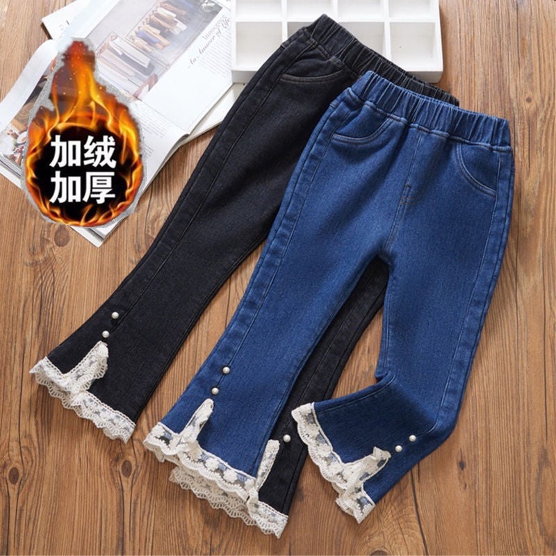 Girls' Jeans Fleece-Lined Thickened Flared Pants Winter Large Children'S One-Piece Velvet Outer Wearing Warm Girls' Cotton Pants - Image 3