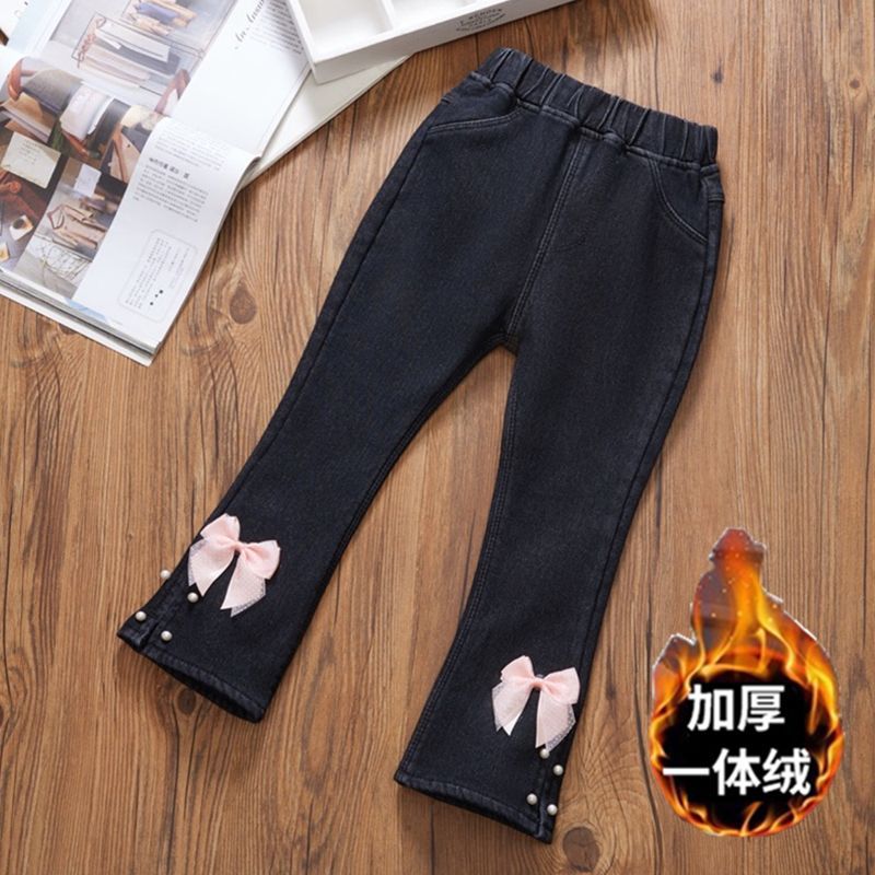 Girls' Jeans Fleece-Lined Thickened Flared Pants Winter Large Children'S One-Piece Velvet Outer Wearing Warm Girls' Cotton Pants - Image 4