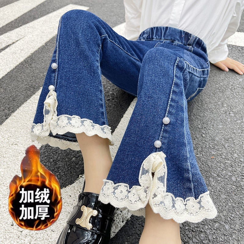 Girls' Jeans Fleece-Lined Thickened Flared Pants Winter Large Children'S One-Piece Velvet Outer Wearing Warm Girls' Cotton Pants - Image 5