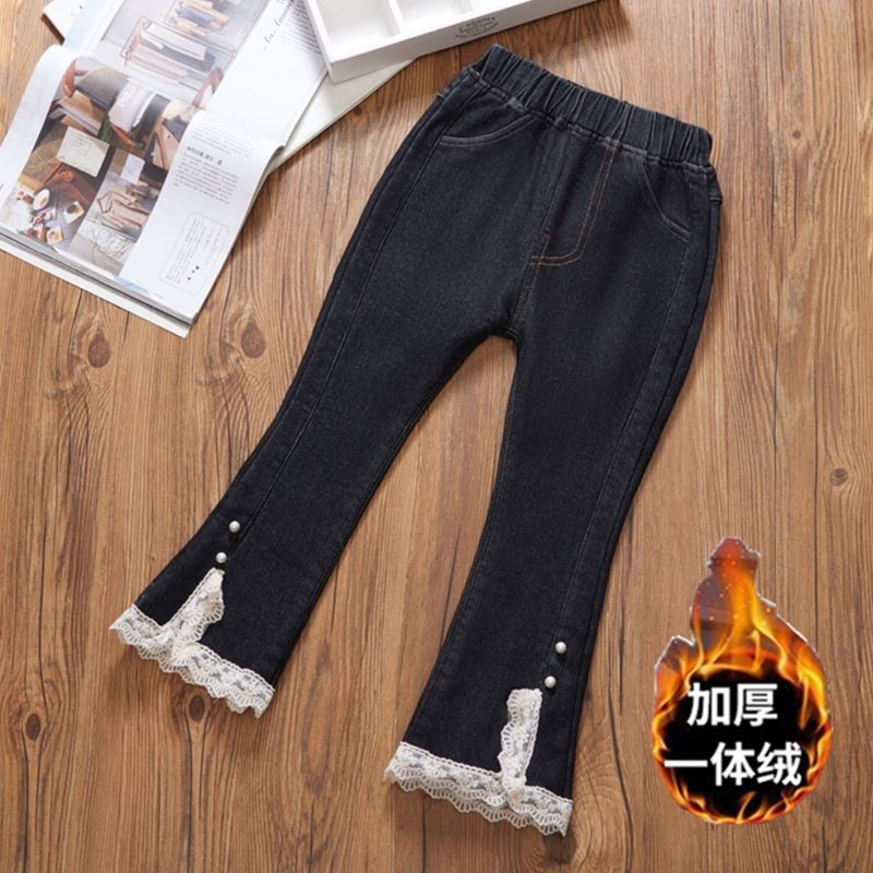 Girls' Jeans Fleece-Lined Thickened Flared Pants Winter Large Children'S One-Piece Velvet Outer Wearing Warm Girls' Cotton Pants - Image 1