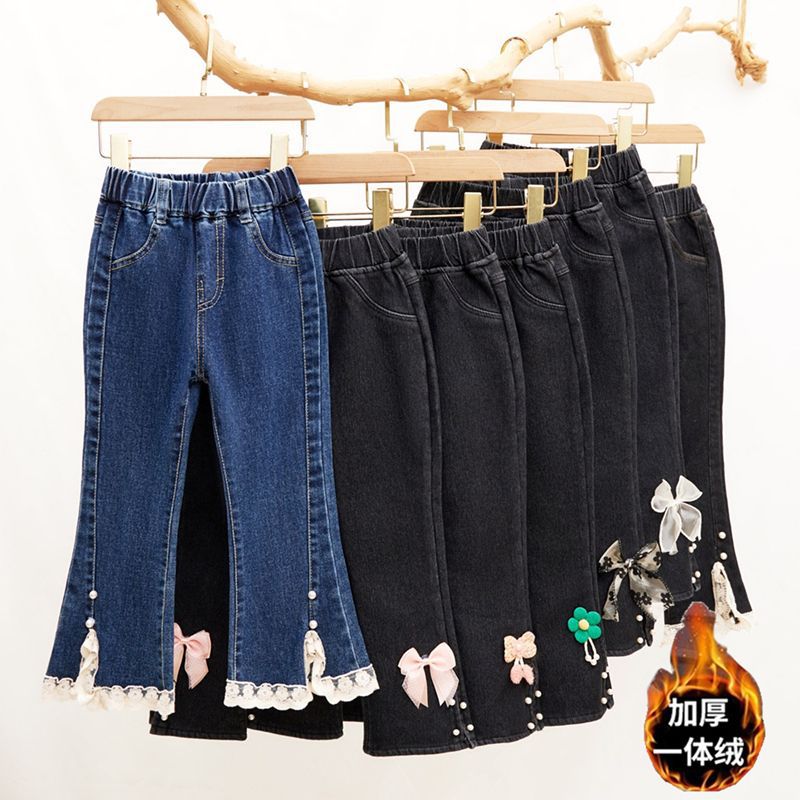 Girls' Jeans Fleece-Lined Thickened Flared Pants Winter Large Children'S One-Piece Velvet Outer Wearing Warm Girls' Cotton Pants - Image 2