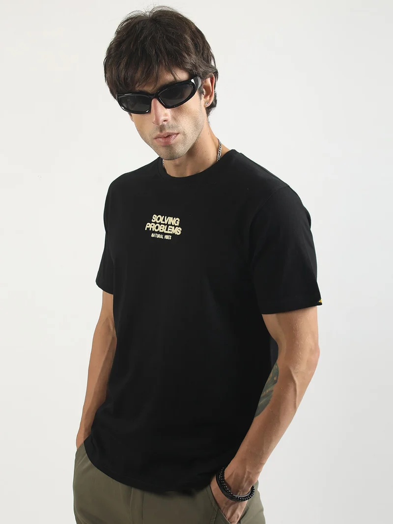 Maniac Mens Printed Round Neck Half Sleeve Cream and Brown Cotton T-Shirt