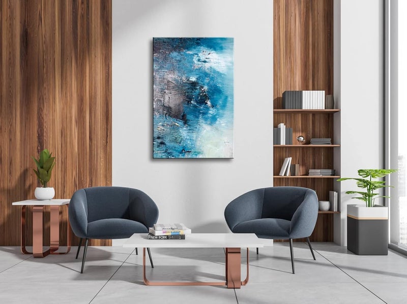 Pyradecor Large One Panel Blue Dark Grey and White Canvas Prints Wall Art Modern Abstract Landscape Pictures Paintings for Living Room Bedroom Home Decorations AH1095-6090 - Image 5