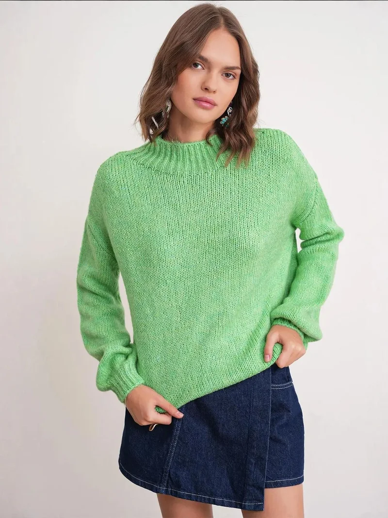 MixRay Green Mixray Relaxed Fit Crew Neck Thick Knit Sweater for Women | Best Price UAE