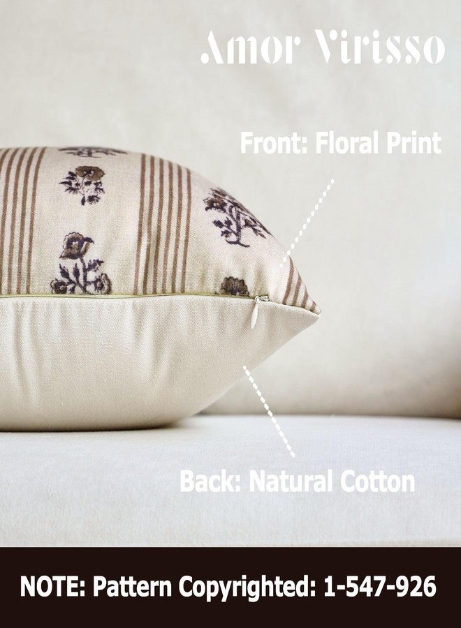 Amor Virisso Floral Throw Pillow Covers 18x18 Set of 2 Block Print Pillow Covers Neutral Floral Striped Farmhouse Decorative Pillow Covers for Sofa Couch Bed, Brown - Image 2