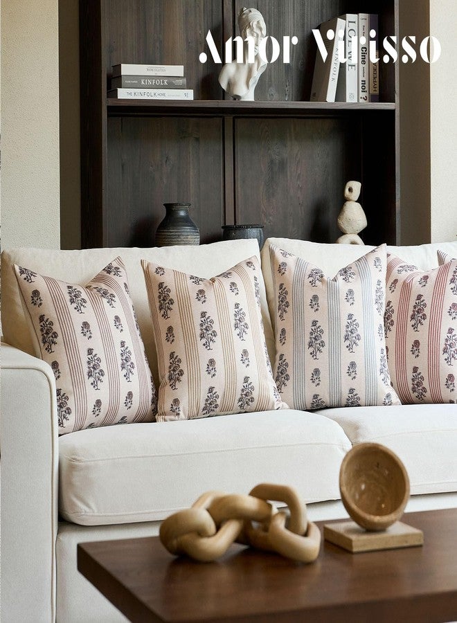 Amor Virisso Floral Throw Pillow Covers 18x18 Set of 2 Block Print Pillow Covers Neutral Floral Striped Farmhouse Decorative Pillow Covers for Sofa Couch Bed, Brown - Image 3