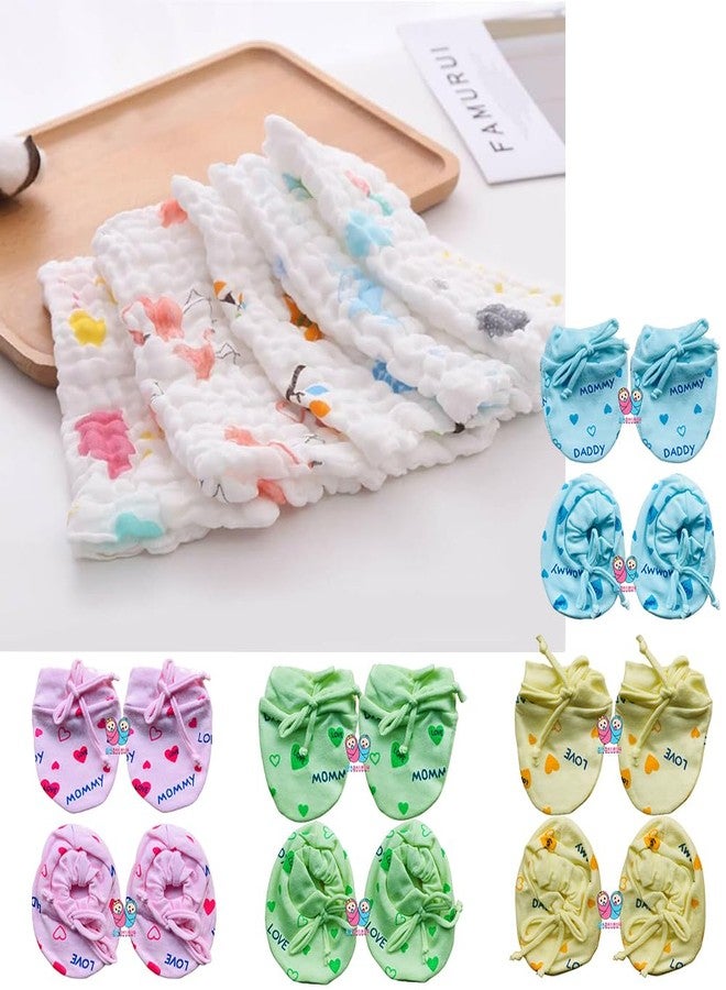 Bigbought Muslin Cotton Face Towels for Newborn Baby Extra Soft Hankies(Pack of 5),DORI Hand Gloves and DORI Booties (Set of 4) - Image 1