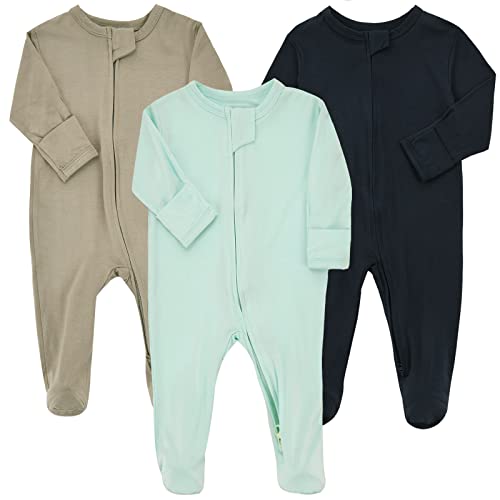 Aablexema Baby Pajamas Bamboo Rayon Zipper 3pcs Unisex Infant Outfit with Mitten One Piece Footie SleepwearNavy Mint Coffee03m - Image 1
