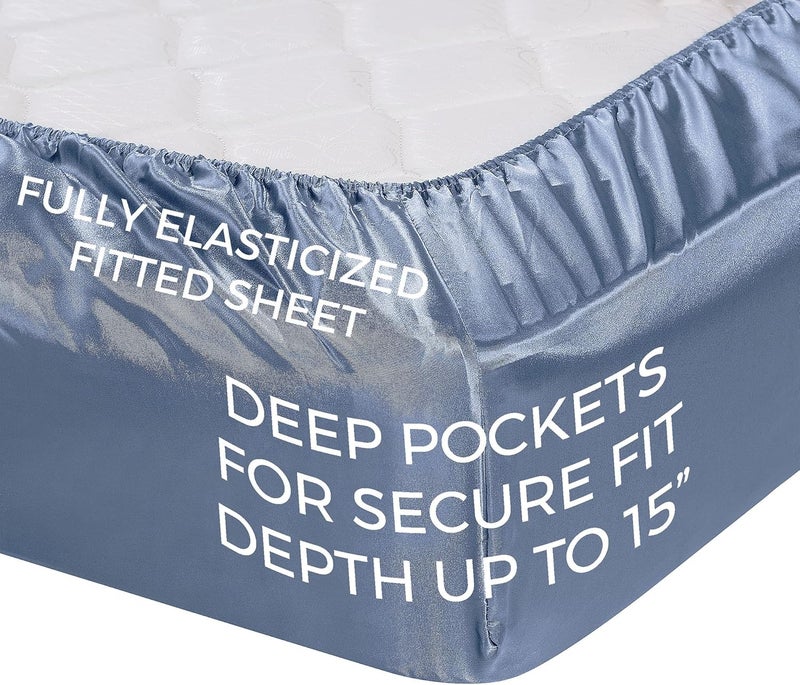 Pure Bedding Satin Sheets Queen [4-Piece, SkyBlue] Hotel Luxury Silky Bed Sheets - Extra Soft 1800 Microfiber Sheet Set, Wrinkle, Fade, Deep Pocket Fitted Sheet, Flat Sheet, Pillow Cases - Image 4