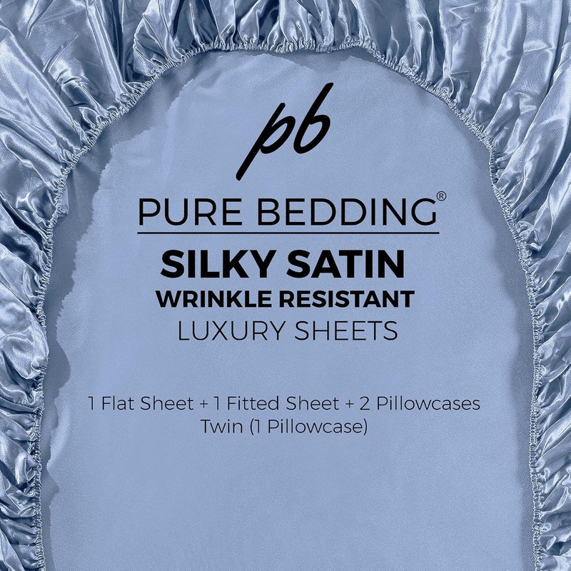 Pure Bedding Satin Sheets Queen [4-Piece, SkyBlue] Hotel Luxury Silky Bed Sheets - Extra Soft 1800 Microfiber Sheet Set, Wrinkle, Fade, Deep Pocket Fitted Sheet, Flat Sheet, Pillow Cases - Image 5
