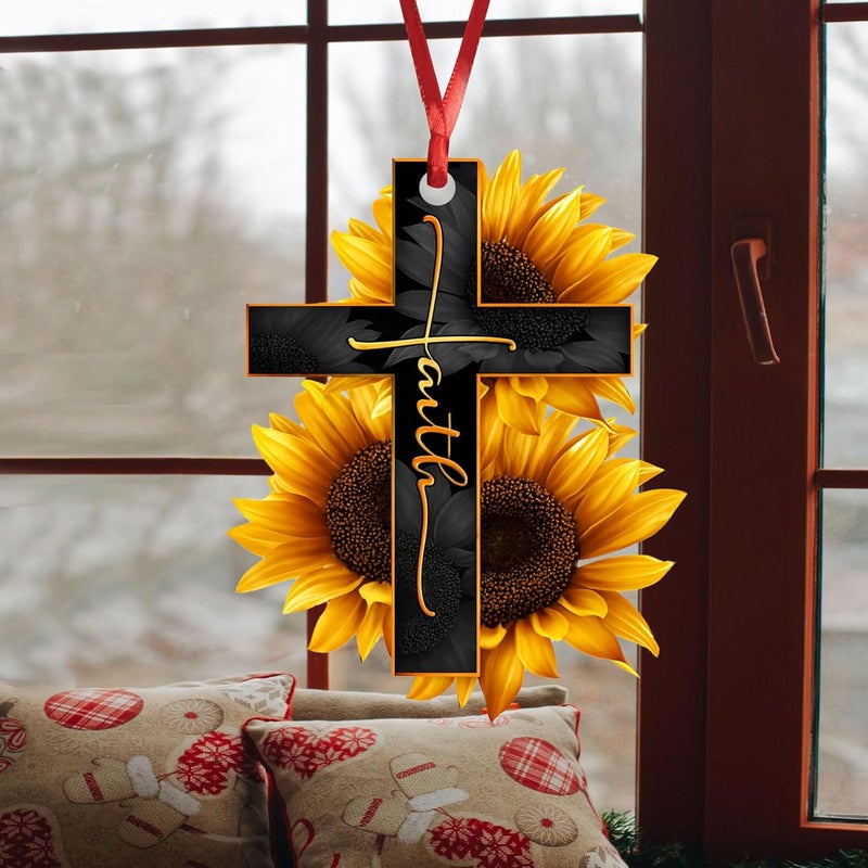 Talataca Faith Sunflower God Jesus Cross Car Rear View Mirror Pendant - Image 4