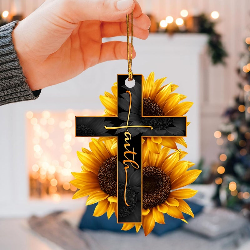 Talataca Faith Sunflower God Jesus Cross Car Rear View Mirror Pendant - Image 3