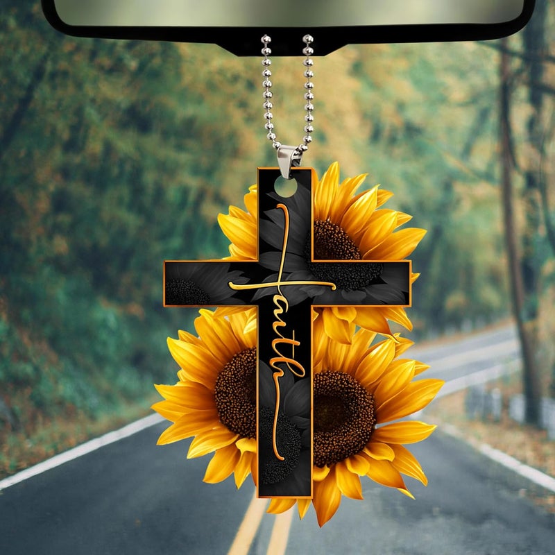 Talataca Faith Sunflower God Jesus Cross Car Rear View Mirror Pendant - Image 5