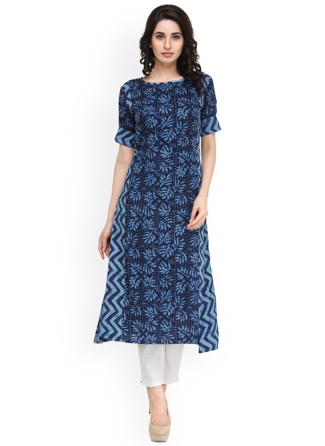 Indibelle Women Blue Printed A-Line Kurta with Short Sleeves - Image 1