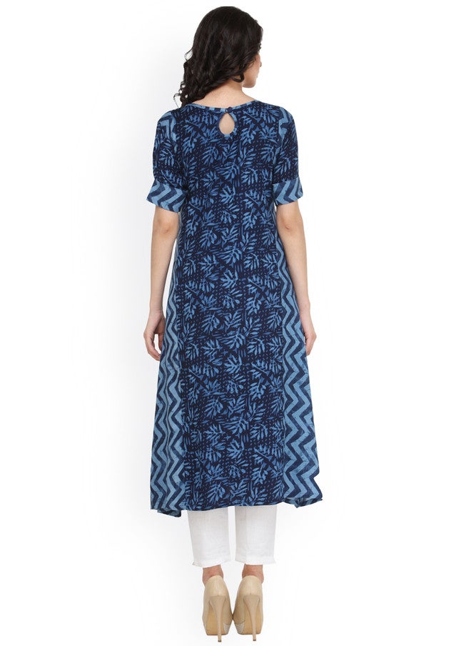 Indibelle Women Blue Printed A-Line Kurta with Short Sleeves - Image 3
