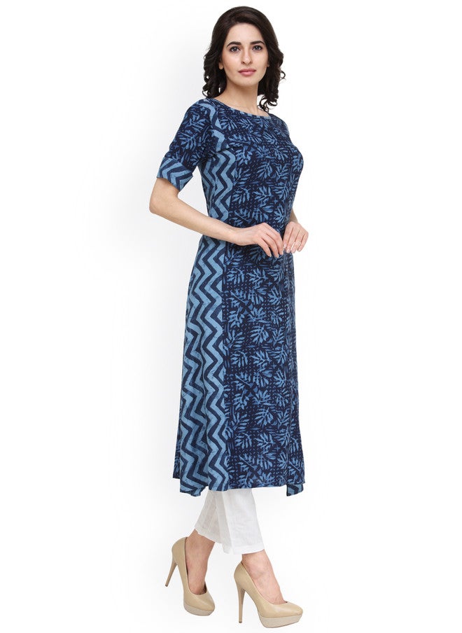 Indibelle Women Blue Printed A-Line Kurta with Short Sleeves - Image 2