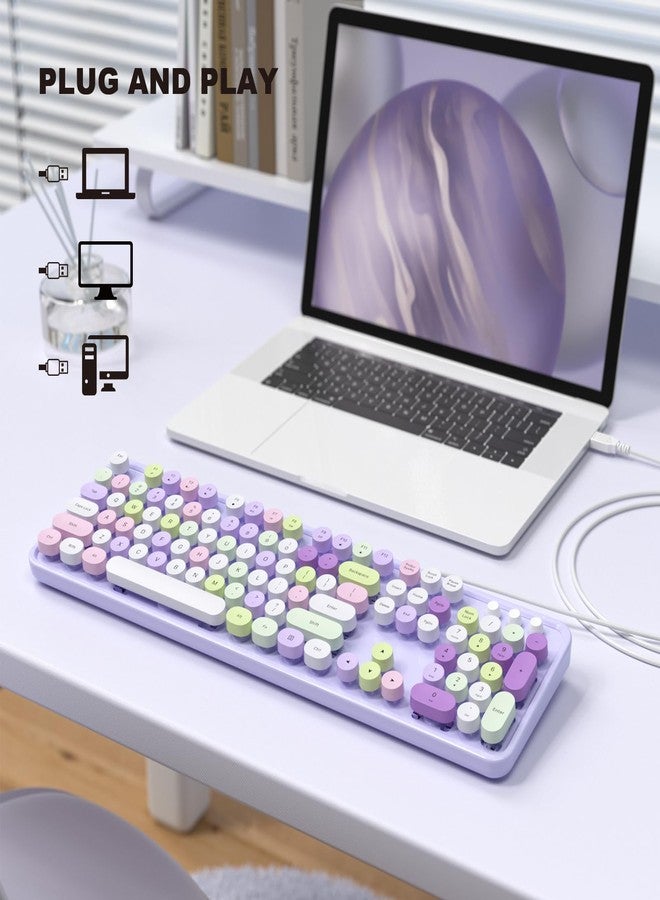 MOFII Colorful Computer Keyboard Wired, Cute Full Size Keyboard Typewriter Style, USB Keyboard with Foldable Stands for Windows, Laptop, Desktop, PC (Purple Colorful) - Image 2