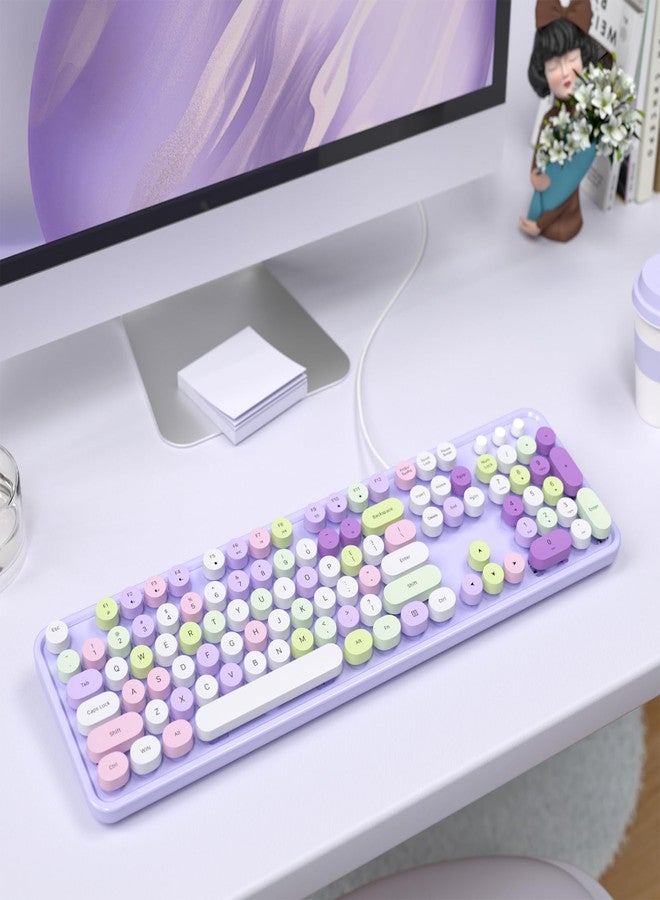 MOFII Colorful Computer Keyboard Wired, Cute Full Size Keyboard Typewriter Style, USB Keyboard with Foldable Stands for Windows, Laptop, Desktop, PC (Purple Colorful) - Image 3
