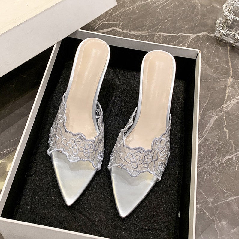 2025 Style Lace Pointed Heel Fish Mouth Fashion Comfortable Outer Wear Set Feet Sandals - Image 1