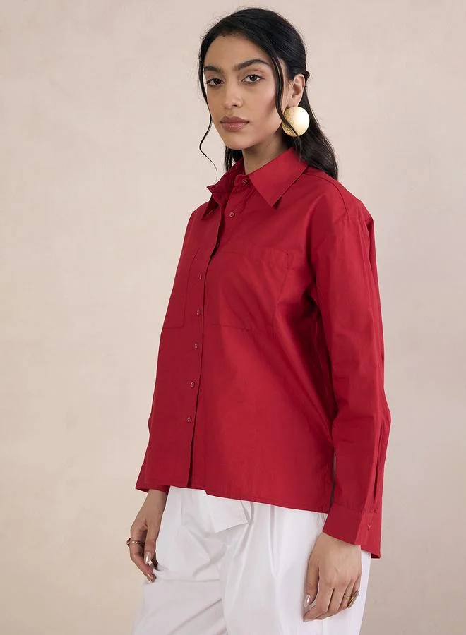 Femmella Red Poplin Long Sleeve Oversized Shirt