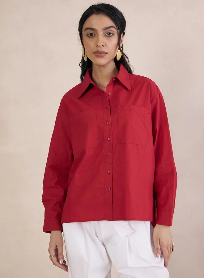 Femmella Red Poplin Long Sleeve Oversized Shirt