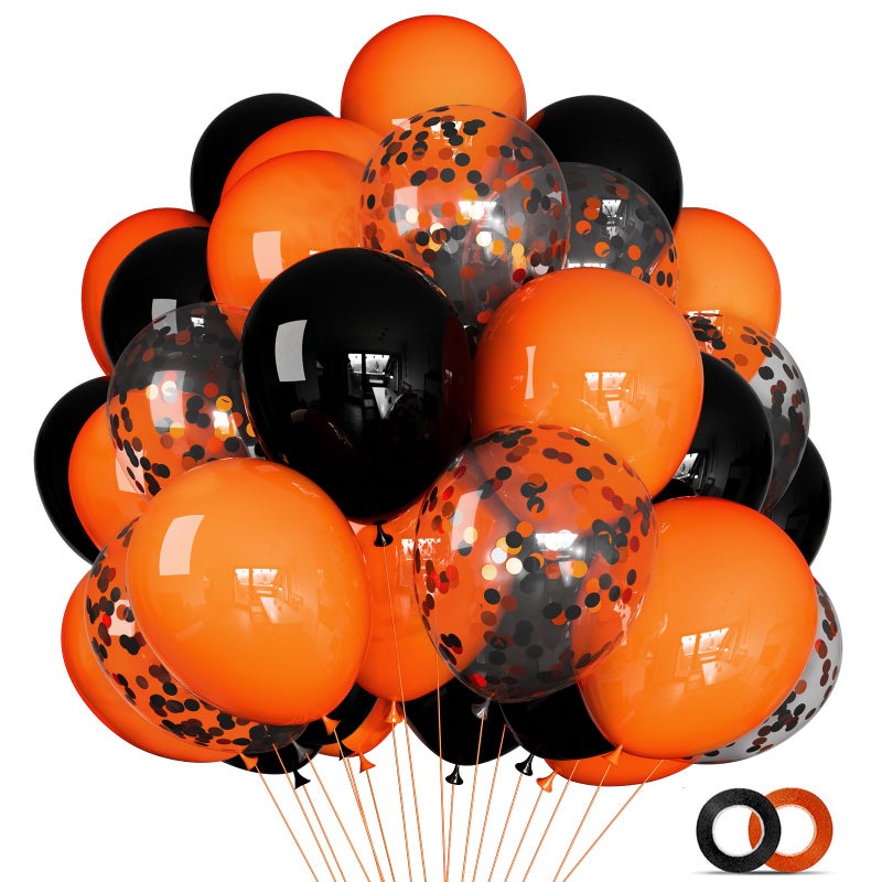KUULBELA 68Pcs Black and Orange Balloons, 12 inch Orange Black Latex Balloon Set with Confetti Ribbons Reusable, Fade-Resistant for Halloween, Graduation Spooky Party Decorations. - Image 1