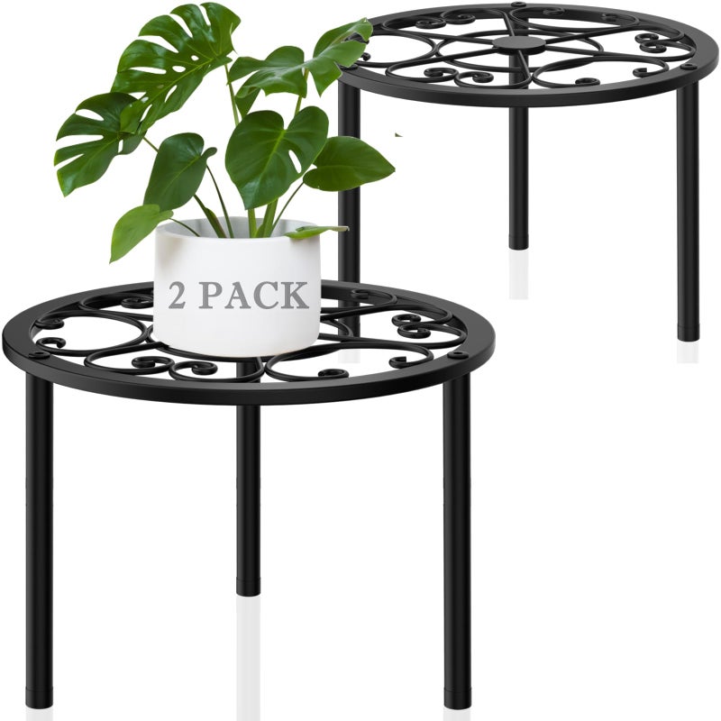 TOSKING 2-Pack Heavy Duty Metal Plant Stands - 10-inch Decorative Round Plant Stand, Adjustable Leveling Feet & Rust-Resistant Finish for Indoor/Outdoor Use - Image 1