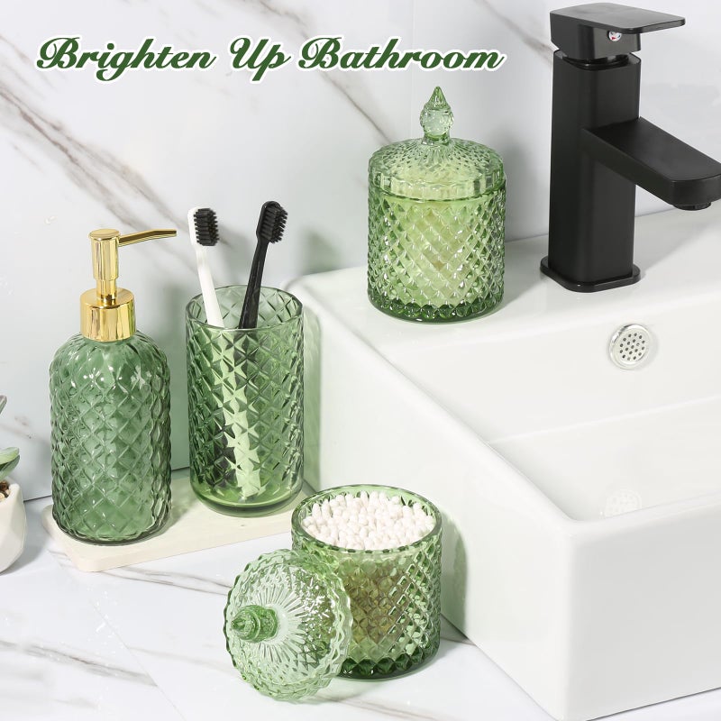 RYTOXILO Green Bathroom Accessories Set, 4 Pack Olive Green Bathroom Decor Accessory Sets Complete, Diamond Glass Soap Dispenser and Toothbrush Holder Set for Bath Counter Organizer Essentials - Image 5