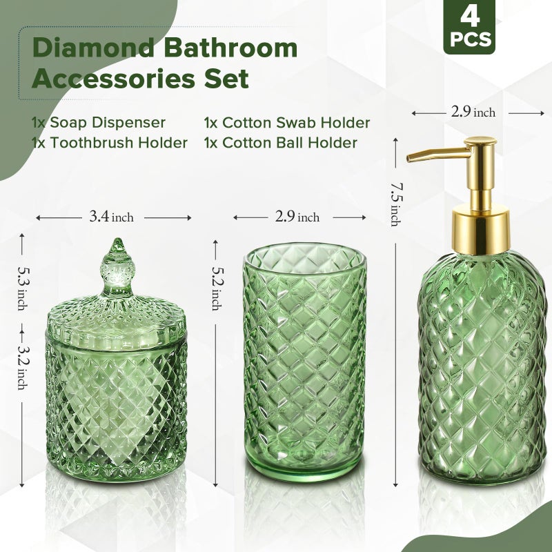 RYTOXILO Green Bathroom Accessories Set, 4 Pack Olive Green Bathroom Decor Accessory Sets Complete, Diamond Glass Soap Dispenser and Toothbrush Holder Set for Bath Counter Organizer Essentials - Image 2