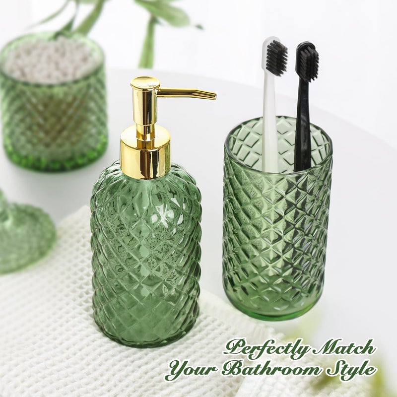 RYTOXILO Green Bathroom Accessories Set, 4 Pack Olive Green Bathroom Decor Accessory Sets Complete, Diamond Glass Soap Dispenser and Toothbrush Holder Set for Bath Counter Organizer Essentials - Image 3