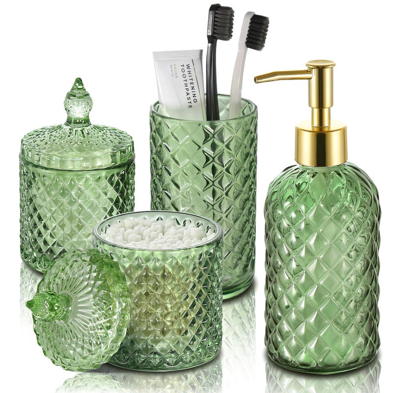 RYTOXILO Green Bathroom Accessories Set, 4 Pack Olive Green Bathroom Decor Accessory Sets Complete, Diamond Glass Soap Dispenser and Toothbrush Holder Set for Bath Counter Organizer Essentials - Image 1