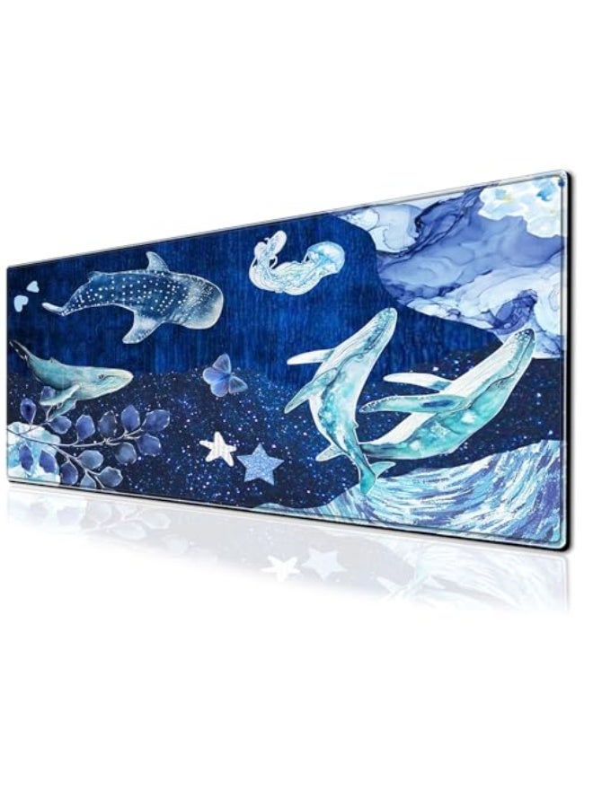PEPYJAN Whale Mouse Pad Night Sky Large Desk Mat, 31.5x11.8 Inch Mousepad Extended Non-Slip Rubber Base Keyboard Mat with Stitched Edges for Desk Home Office - Image 1