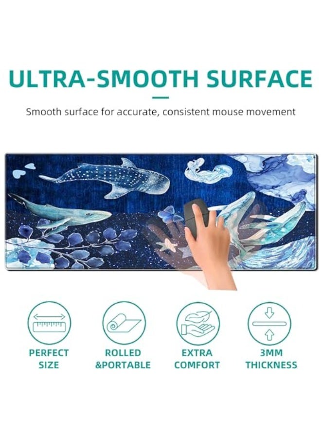 PEPYJAN Whale Mouse Pad Night Sky Large Desk Mat, 31.5x11.8 Inch Mousepad Extended Non-Slip Rubber Base Keyboard Mat with Stitched Edges for Desk Home Office - Image 3