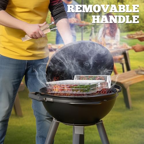 ivtivfu Grill Basket Set, Removable Wooden Handle, 304 Stainless Steel, Rolling BBQ Tools, Smoker Grilling Accessories for Vegetable Fish, Outdoor Cooking Camping, Birthday Gifts for Men Dad Husband - Image 5