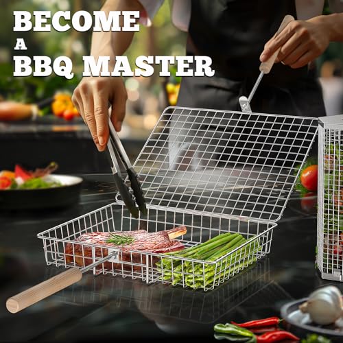 ivtivfu Grill Basket Set, Removable Wooden Handle, 304 Stainless Steel, Rolling BBQ Tools, Smoker Grilling Accessories for Vegetable Fish, Outdoor Cooking Camping, Birthday Gifts for Men Dad Husband - Image 4