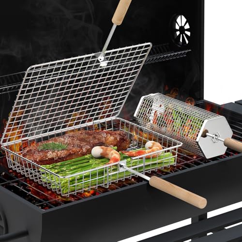 ivtivfu Grill Basket Set, Removable Wooden Handle, 304 Stainless Steel, Rolling BBQ Tools, Smoker Grilling Accessories for Vegetable Fish, Outdoor Cooking Camping, Birthday Gifts for Men Dad Husband - Image 1