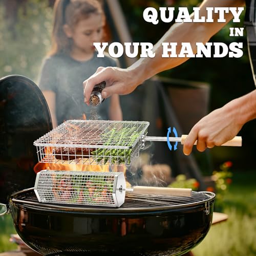 ivtivfu Grill Basket Set, Removable Wooden Handle, 304 Stainless Steel, Rolling BBQ Tools, Smoker Grilling Accessories for Vegetable Fish, Outdoor Cooking Camping, Birthday Gifts for Men Dad Husband - Image 3