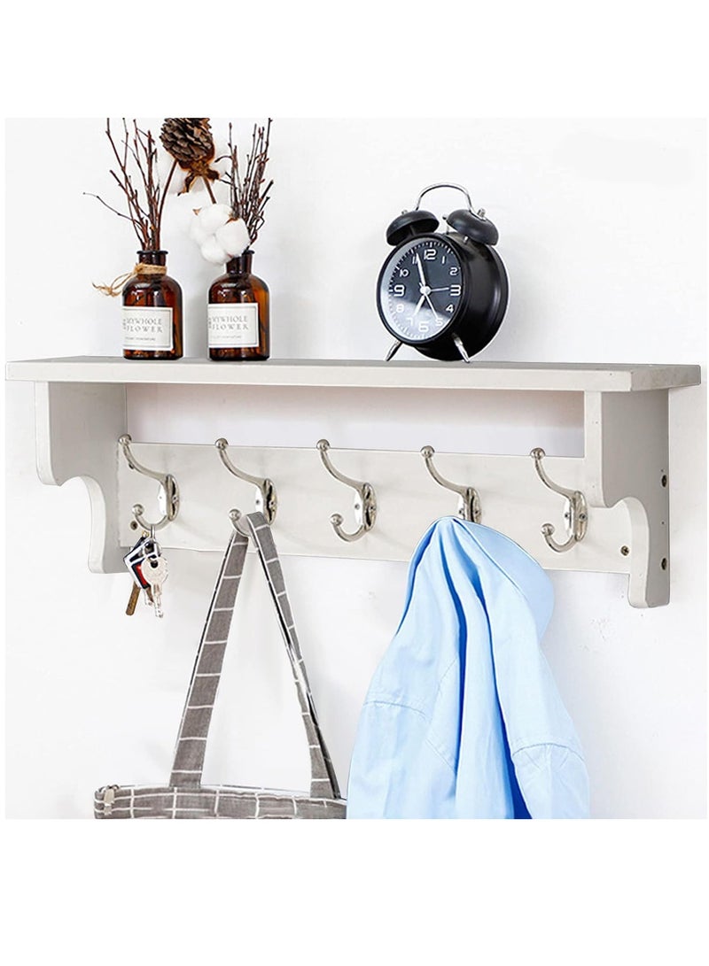 Arabest Wall Hooks with Shelf,Wood Coat Rack with Shelf Wall-Mounted,Entryway Hanging Shelf with 5 Metal Hooks,for Bathroom, Mudroom,Bedroom (White) - Image 1