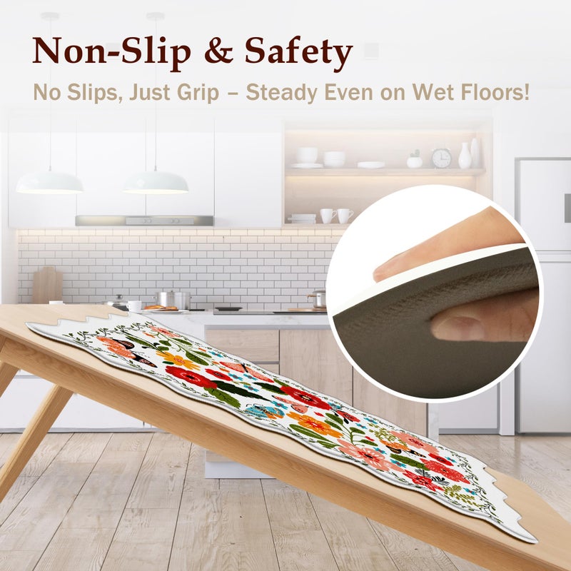Arenarug Scalloped Kitchen Mats for Floor 2PC Cushioned Anti Fatigue Kitchen Mats Rugs Waterproof Non Slip Farmhouse Boho Floral Comfort Foam Standing Mat for Sink Laundry, White - Image 5